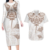 New Zealand Manta Ray Tattoo Couples Matching Long Sleeve Bodycon Dress and Hawaiian Shirt Aotearoa Maori Haehae Beige LT14 White - Polynesian Pride