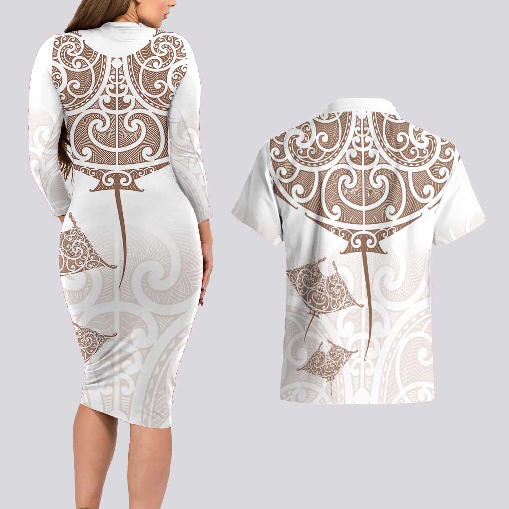 New Zealand Manta Ray Tattoo Couples Matching Long Sleeve Bodycon Dress and Hawaiian Shirt Aotearoa Maori Haehae Beige LT14 - Polynesian Pride