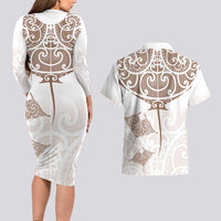 New Zealand Manta Ray Tattoo Couples Matching Long Sleeve Bodycon Dress and Hawaiian Shirt Aotearoa Maori Haehae Beige LT14 - Polynesian Pride