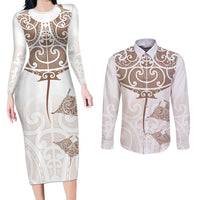 New Zealand Manta Ray Tattoo Couples Matching Long Sleeve Bodycon Dress and Long Sleeve Button Shirt Aotearoa Maori Haehae Beige LT14 White - Polynesian Pride
