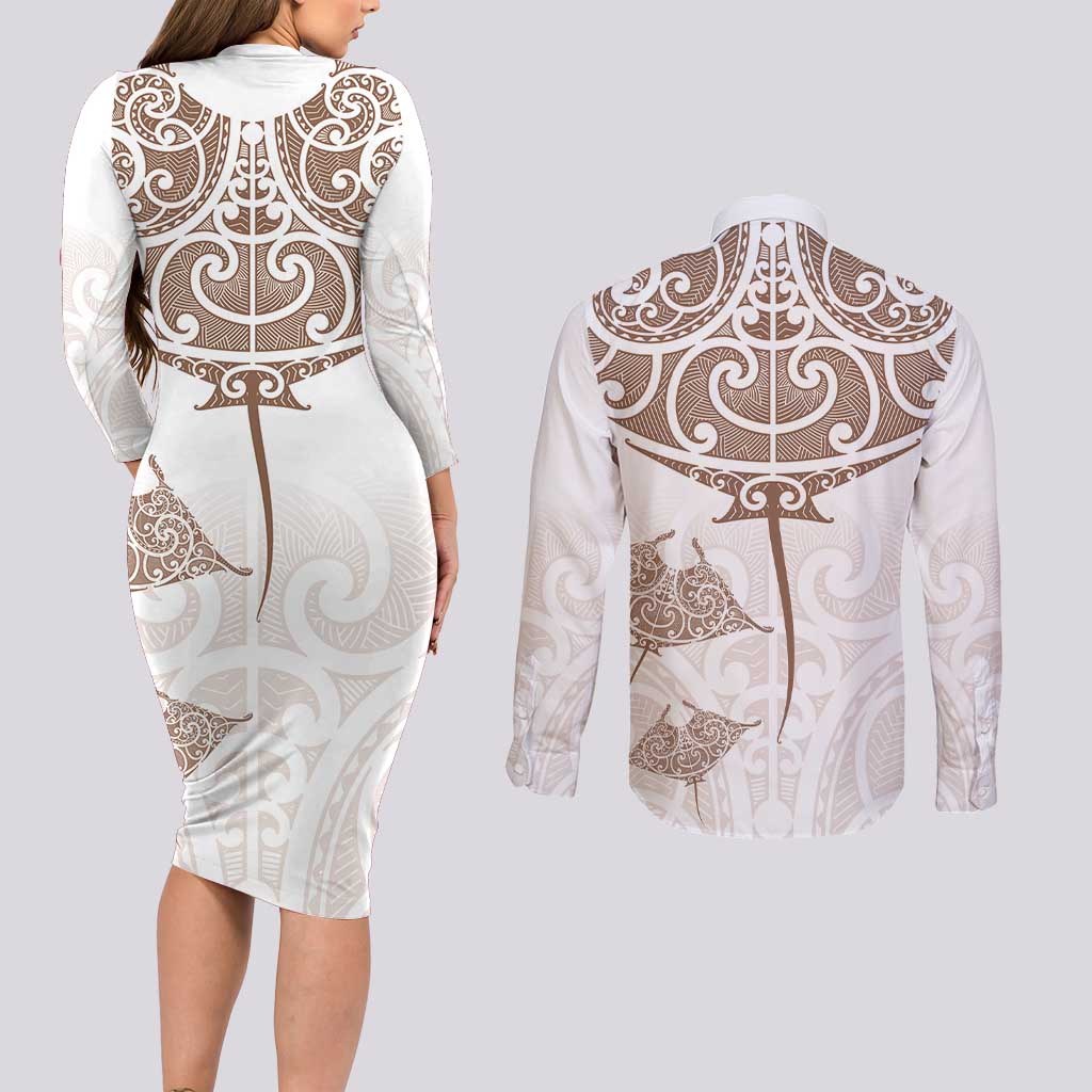 New Zealand Manta Ray Tattoo Couples Matching Long Sleeve Bodycon Dress and Long Sleeve Button Shirt Aotearoa Maori Haehae Beige LT14 - Polynesian Pride