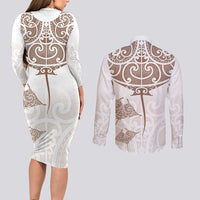 New Zealand Manta Ray Tattoo Couples Matching Long Sleeve Bodycon Dress and Long Sleeve Button Shirt Aotearoa Maori Haehae Beige LT14 - Polynesian Pride