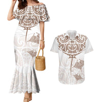New Zealand Manta Ray Tattoo Couples Matching Mermaid Dress and Hawaiian Shirt Aotearoa Maori Haehae Beige LT14 White - Polynesian Pride