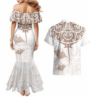 New Zealand Manta Ray Tattoo Couples Matching Mermaid Dress and Hawaiian Shirt Aotearoa Maori Haehae Beige LT14 - Polynesian Pride