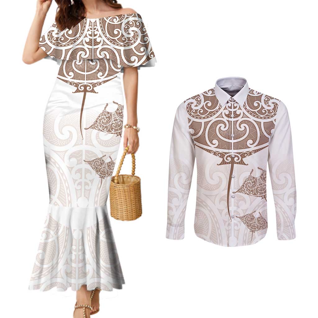 New Zealand Manta Ray Tattoo Couples Matching Mermaid Dress and Long Sleeve Button Shirt Aotearoa Maori Haehae Beige LT14 White - Polynesian Pride