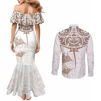 New Zealand Manta Ray Tattoo Couples Matching Mermaid Dress and Long Sleeve Button Shirt Aotearoa Maori Haehae Beige LT14 - Polynesian Pride