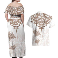 New Zealand Manta Ray Tattoo Couples Matching Off Shoulder Maxi Dress and Hawaiian Shirt Aotearoa Maori Haehae Beige LT14 - Polynesian Pride