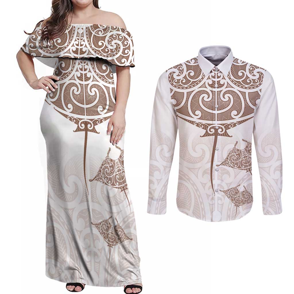 New Zealand Manta Ray Tattoo Couples Matching Off Shoulder Maxi Dress and Long Sleeve Button Shirt Aotearoa Maori Haehae Beige LT14 White - Polynesian Pride