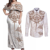 New Zealand Manta Ray Tattoo Couples Matching Off Shoulder Maxi Dress and Long Sleeve Button Shirt Aotearoa Maori Haehae Beige LT14 White - Polynesian Pride