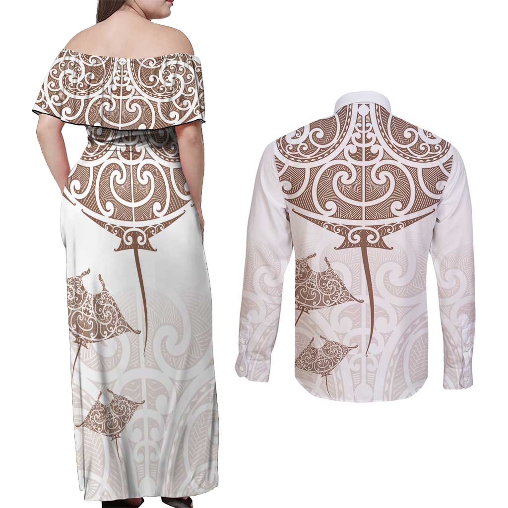 New Zealand Manta Ray Tattoo Couples Matching Off Shoulder Maxi Dress and Long Sleeve Button Shirt Aotearoa Maori Haehae Beige LT14 - Polynesian Pride