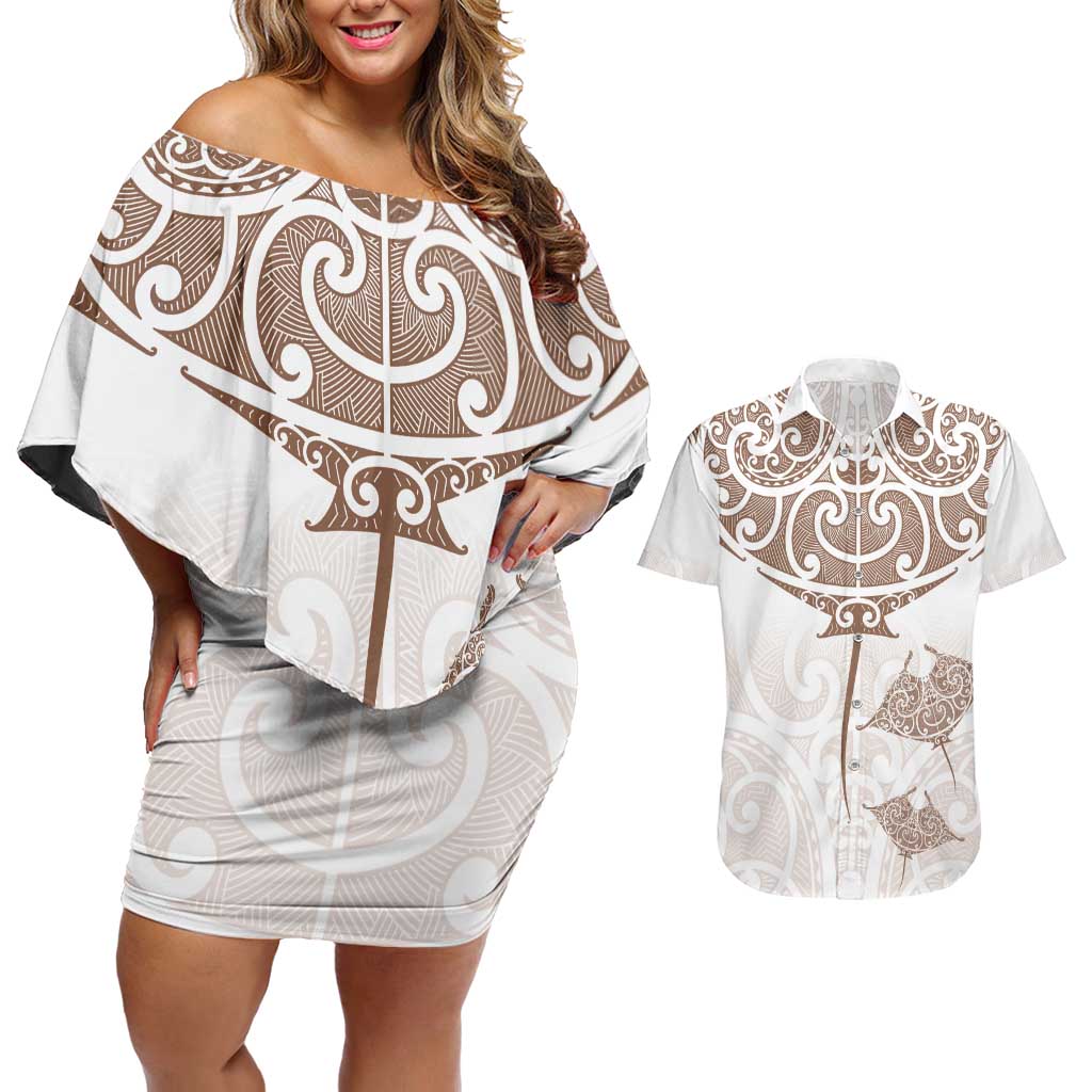 New Zealand Manta Ray Tattoo Couples Matching Off Shoulder Short Dress and Hawaiian Shirt Aotearoa Maori Haehae Beige LT14 White - Polynesian Pride