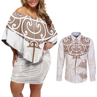 New Zealand Manta Ray Tattoo Couples Matching Off Shoulder Short Dress and Long Sleeve Button Shirt Aotearoa Maori Haehae Beige LT14 White - Polynesian Pride