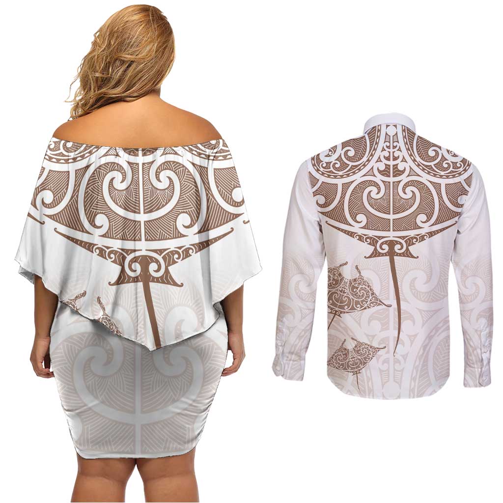 New Zealand Manta Ray Tattoo Couples Matching Off Shoulder Short Dress and Long Sleeve Button Shirt Aotearoa Maori Haehae Beige LT14 - Polynesian Pride