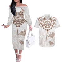 New Zealand Manta Ray Tattoo Couples Matching Off The Shoulder Long Sleeve Dress and Hawaiian Shirt Aotearoa Maori Haehae Beige LT14 White - Polynesian Pride