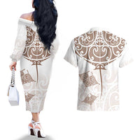 New Zealand Manta Ray Tattoo Couples Matching Off The Shoulder Long Sleeve Dress and Hawaiian Shirt Aotearoa Maori Haehae Beige LT14 - Polynesian Pride