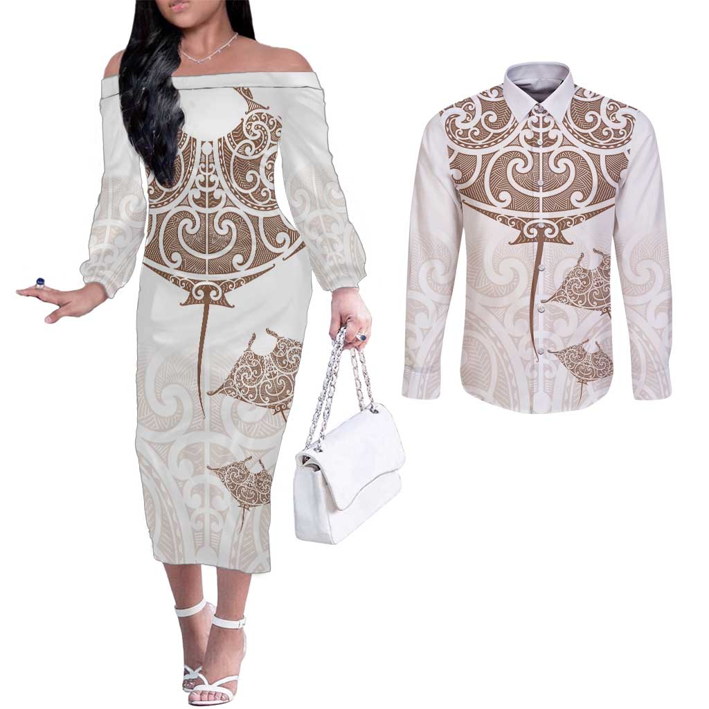 New Zealand Manta Ray Tattoo Couples Matching Off The Shoulder Long Sleeve Dress and Long Sleeve Button Shirt Aotearoa Maori Haehae Beige LT14 White - Polynesian Pride