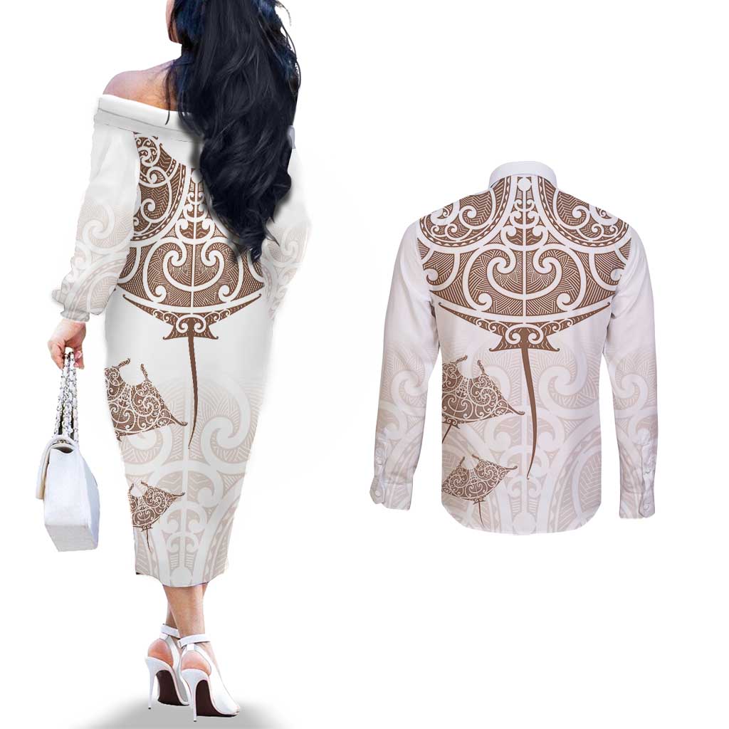 New Zealand Manta Ray Tattoo Couples Matching Off The Shoulder Long Sleeve Dress and Long Sleeve Button Shirt Aotearoa Maori Haehae Beige LT14 - Polynesian Pride