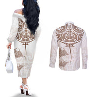 New Zealand Manta Ray Tattoo Couples Matching Off The Shoulder Long Sleeve Dress and Long Sleeve Button Shirt Aotearoa Maori Haehae Beige LT14 - Polynesian Pride