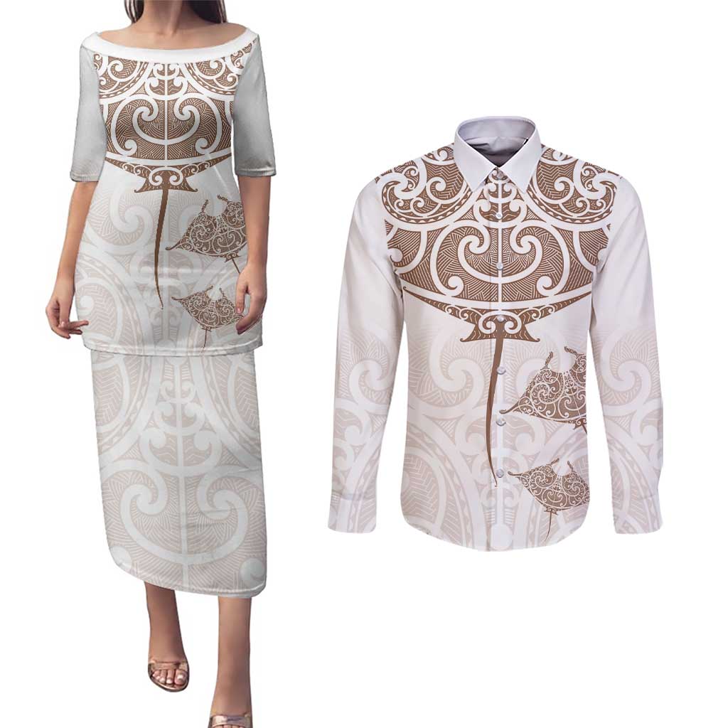 New Zealand Manta Ray Tattoo Couples Matching Puletasi and Long Sleeve Button Shirt Aotearoa Maori Haehae Beige LT14 White - Polynesian Pride