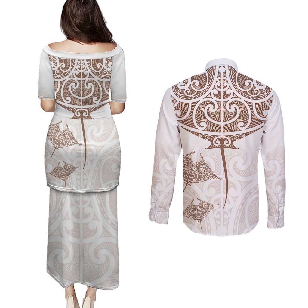 New Zealand Manta Ray Tattoo Couples Matching Puletasi and Long Sleeve Button Shirt Aotearoa Maori Haehae Beige LT14 - Polynesian Pride