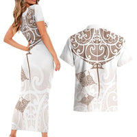 New Zealand Manta Ray Tattoo Couples Matching Short Sleeve Bodycon Dress and Hawaiian Shirt Aotearoa Maori Haehae Beige LT14 - Polynesian Pride