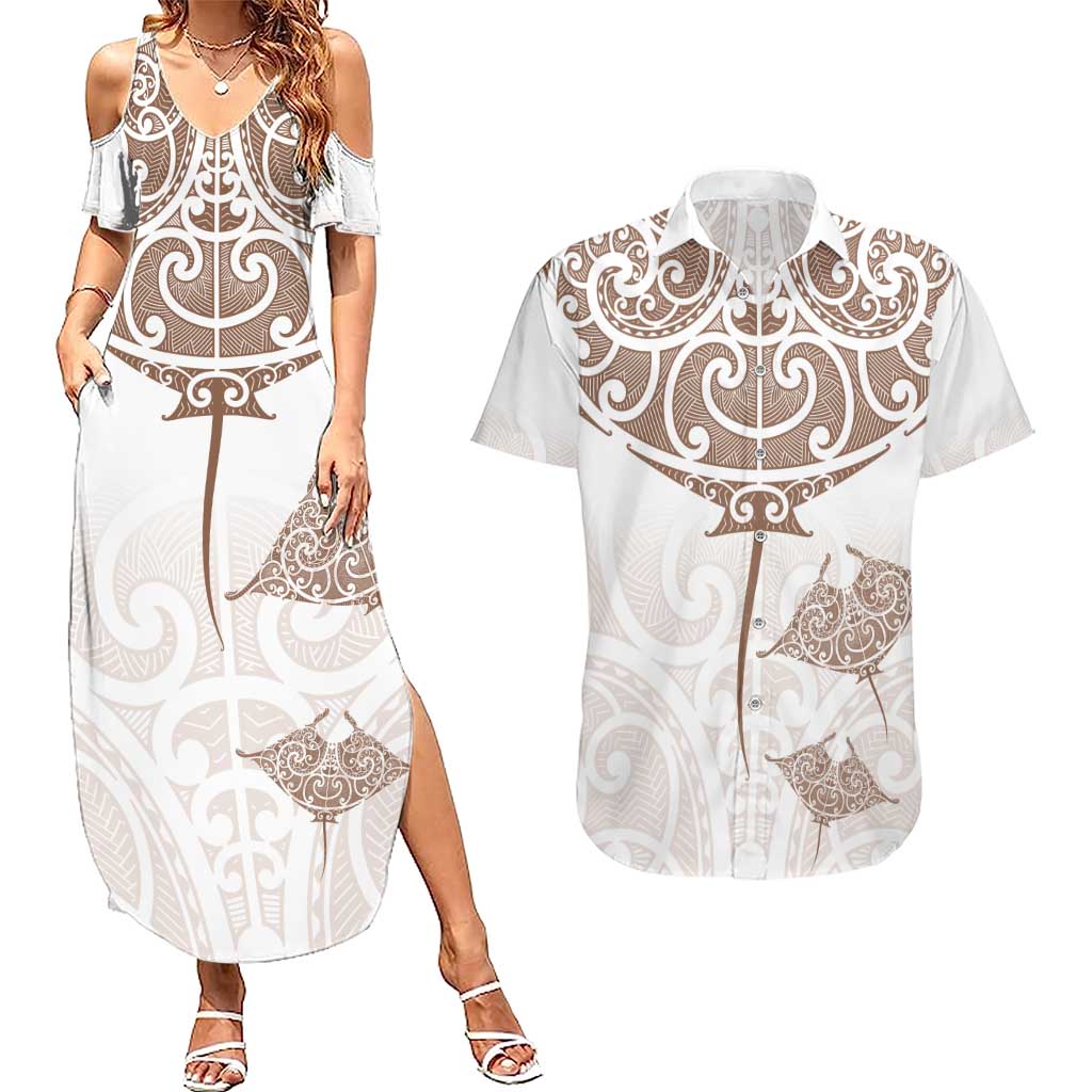 New Zealand Manta Ray Tattoo Couples Matching Summer Maxi Dress and Hawaiian Shirt Aotearoa Maori Haehae Beige LT14 White - Polynesian Pride