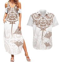 New Zealand Manta Ray Tattoo Couples Matching Summer Maxi Dress and Hawaiian Shirt Aotearoa Maori Haehae Beige LT14 White - Polynesian Pride