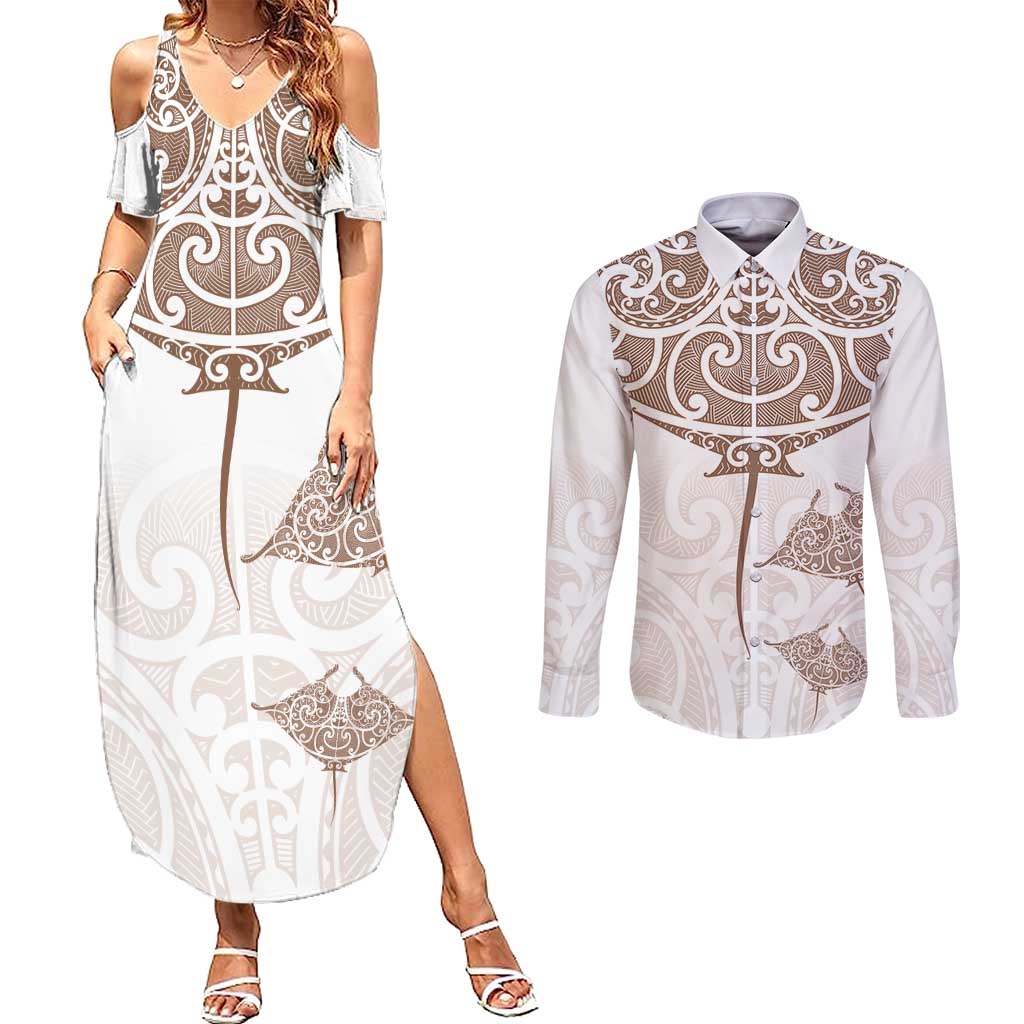 New Zealand Manta Ray Tattoo Couples Matching Summer Maxi Dress and Long Sleeve Button Shirt Aotearoa Maori Haehae Beige LT14 White - Polynesian Pride
