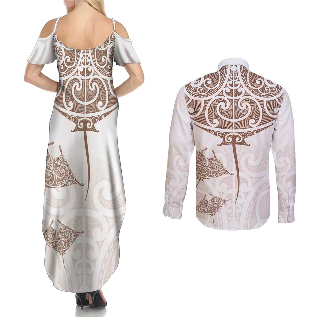 New Zealand Manta Ray Tattoo Couples Matching Summer Maxi Dress and Long Sleeve Button Shirt Aotearoa Maori Haehae Beige LT14 - Polynesian Pride