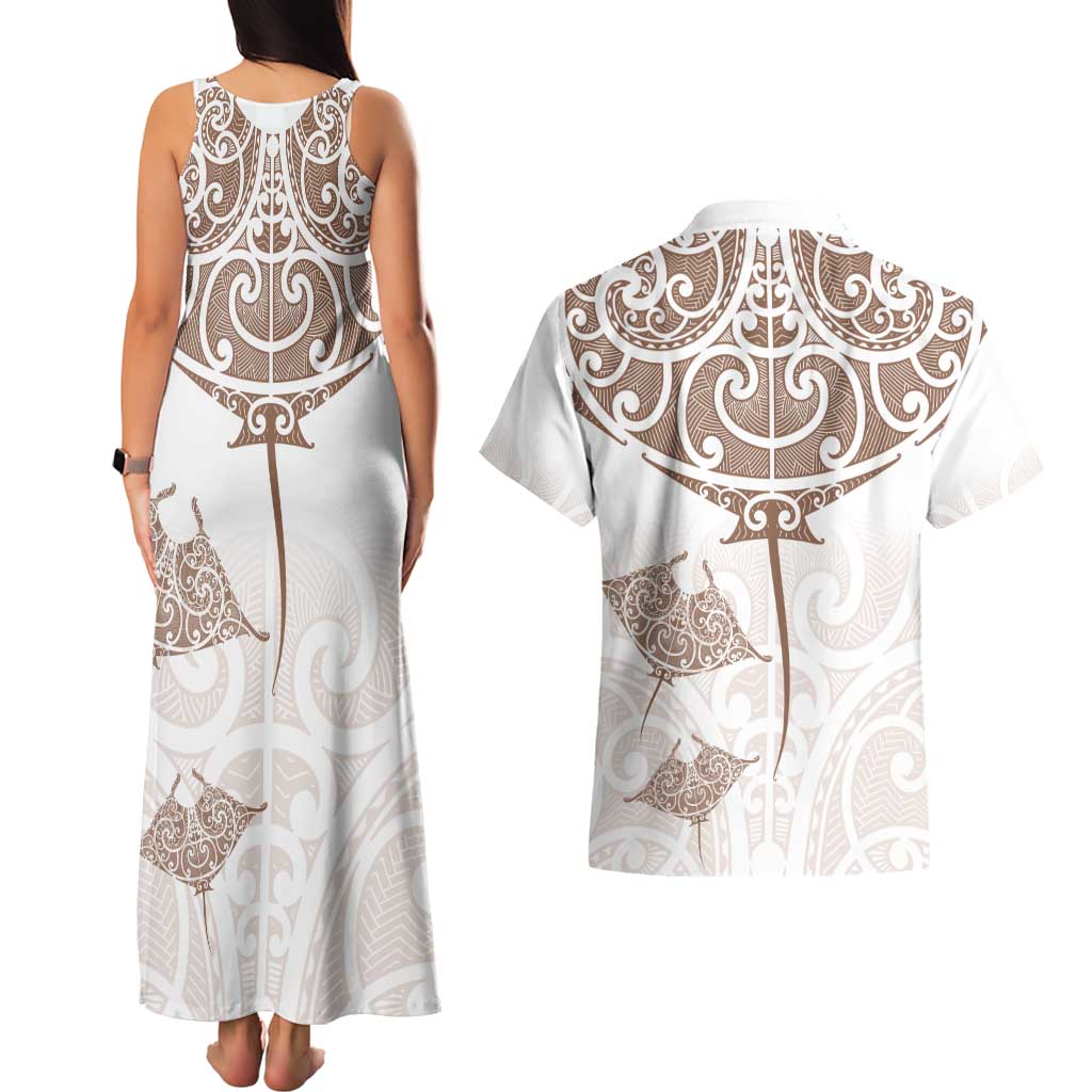 New Zealand Manta Ray Tattoo Couples Matching Tank Maxi Dress and Hawaiian Shirt Aotearoa Maori Haehae Beige LT14 - Polynesian Pride