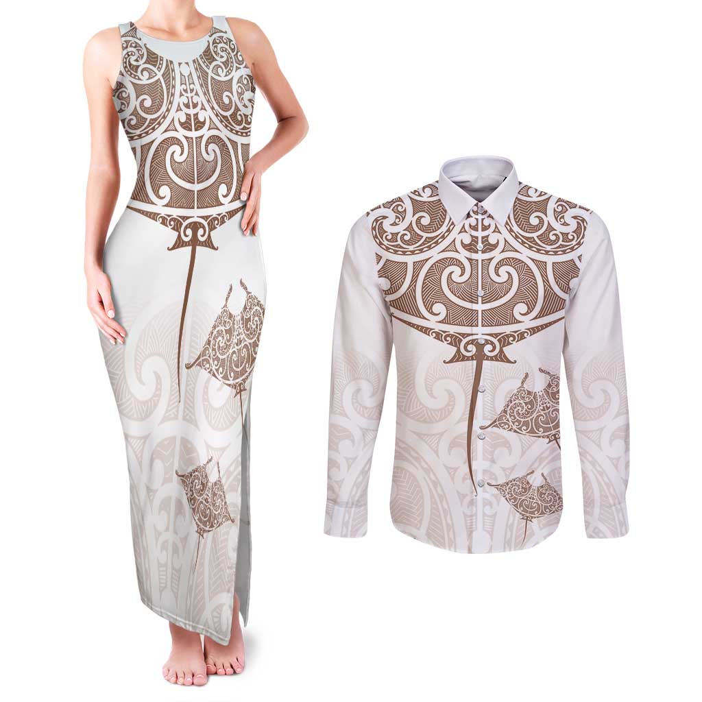 New Zealand Manta Ray Tattoo Couples Matching Tank Maxi Dress and Long Sleeve Button Shirt Aotearoa Maori Haehae Beige LT14 White - Polynesian Pride