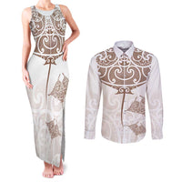 New Zealand Manta Ray Tattoo Couples Matching Tank Maxi Dress and Long Sleeve Button Shirt Aotearoa Maori Haehae Beige LT14 White - Polynesian Pride