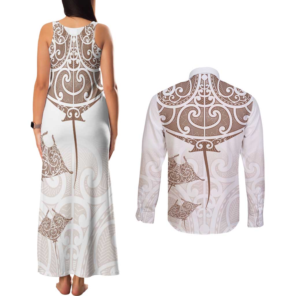 New Zealand Manta Ray Tattoo Couples Matching Tank Maxi Dress and Long Sleeve Button Shirt Aotearoa Maori Haehae Beige LT14 - Polynesian Pride