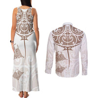 New Zealand Manta Ray Tattoo Couples Matching Tank Maxi Dress and Long Sleeve Button Shirt Aotearoa Maori Haehae Beige LT14 - Polynesian Pride