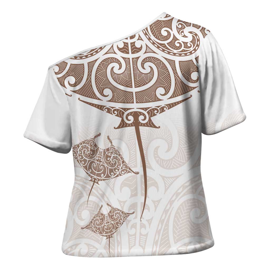New Zealand Manta Ray Tattoo Cross Shoulder Shirt Aotearoa Maori Haehae Beige LT14 - Polynesian Pride