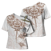 New Zealand Manta Ray Tattoo Cross Shoulder Shirt Aotearoa Maori Haehae Beige LT14 - Polynesian Pride