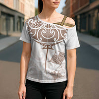 New Zealand Manta Ray Tattoo Cross Shoulder Shirt Aotearoa Maori Haehae Beige LT14 - Polynesian Pride