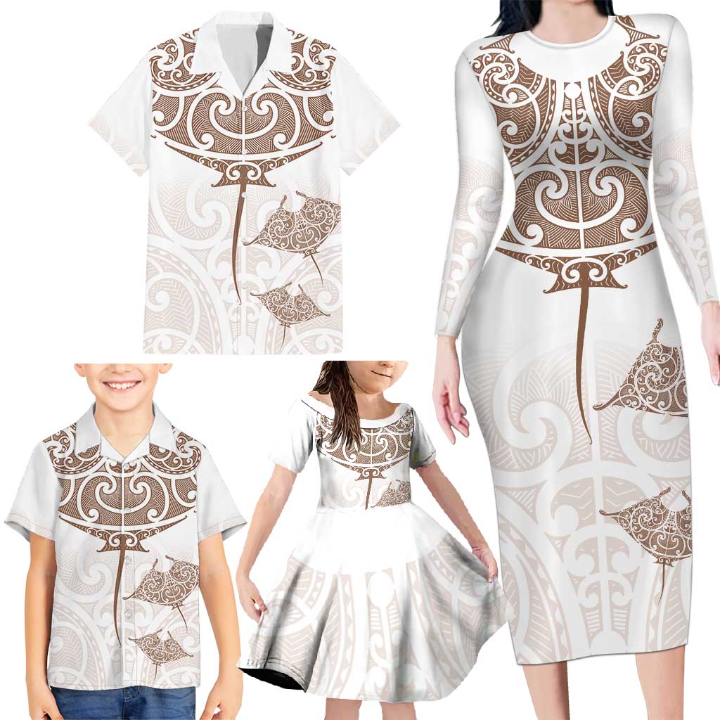 New Zealand Manta Ray Tattoo Family Matching Long Sleeve Bodycon Dress and Hawaiian Shirt Aotearoa Maori Haehae Beige LT14 - Polynesian Pride