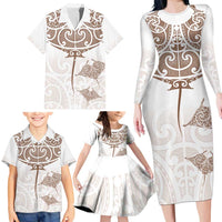 New Zealand Manta Ray Tattoo Family Matching Long Sleeve Bodycon Dress and Hawaiian Shirt Aotearoa Maori Haehae Beige LT14 - Polynesian Pride