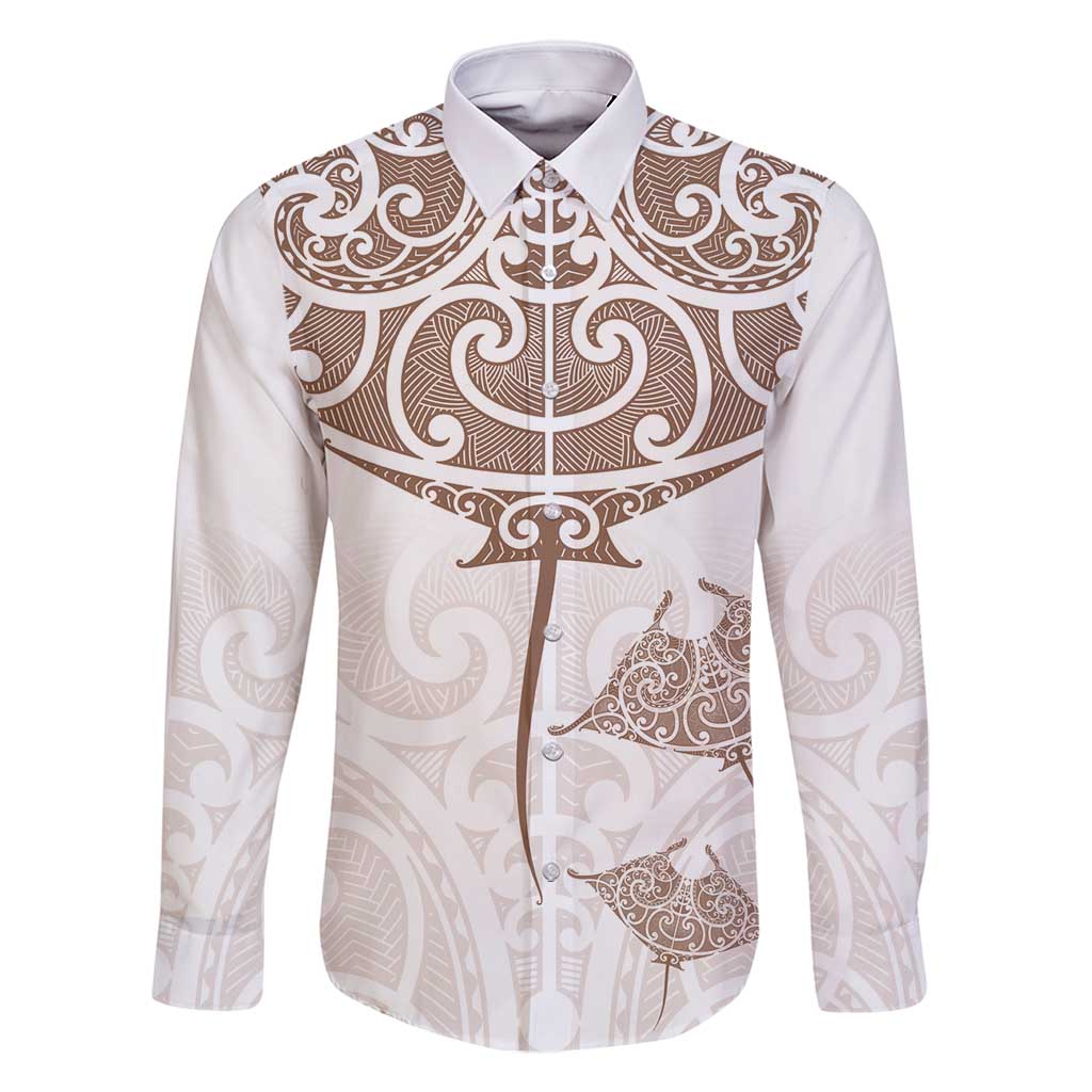 New Zealand Manta Ray Tattoo Family Matching Long Sleeve Bodycon Dress and Hawaiian Shirt Aotearoa Maori Haehae Beige LT14 Dad's Shirt - Long Sleeve White - Polynesian Pride