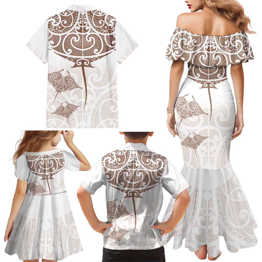 New Zealand Manta Ray Tattoo Family Matching Mermaid Dress and Hawaiian Shirt Aotearoa Maori Haehae Beige LT14 - Polynesian Pride