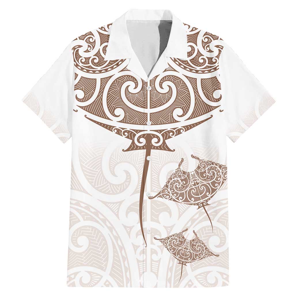 New Zealand Manta Ray Tattoo Family Matching Mermaid Dress and Hawaiian Shirt Aotearoa Maori Haehae Beige LT14 Dad's Shirt - Short Sleeve White - Polynesian Pride