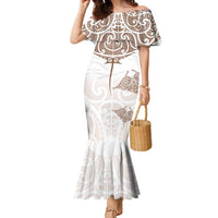 New Zealand Manta Ray Tattoo Family Matching Mermaid Dress and Hawaiian Shirt Aotearoa Maori Haehae Beige LT14 Mom's Dress White - Polynesian Pride