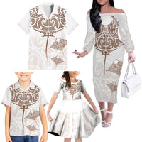 New Zealand Manta Ray Tattoo Family Matching Off The Shoulder Long Sleeve Dress and Hawaiian Shirt Aotearoa Maori Haehae Beige LT14 - Polynesian Pride