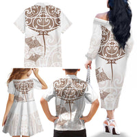 New Zealand Manta Ray Tattoo Family Matching Off The Shoulder Long Sleeve Dress and Hawaiian Shirt Aotearoa Maori Haehae Beige LT14 - Polynesian Pride
