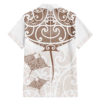 New Zealand Manta Ray Tattoo Family Matching Off The Shoulder Long Sleeve Dress and Hawaiian Shirt Aotearoa Maori Haehae Beige LT14 - Polynesian Pride