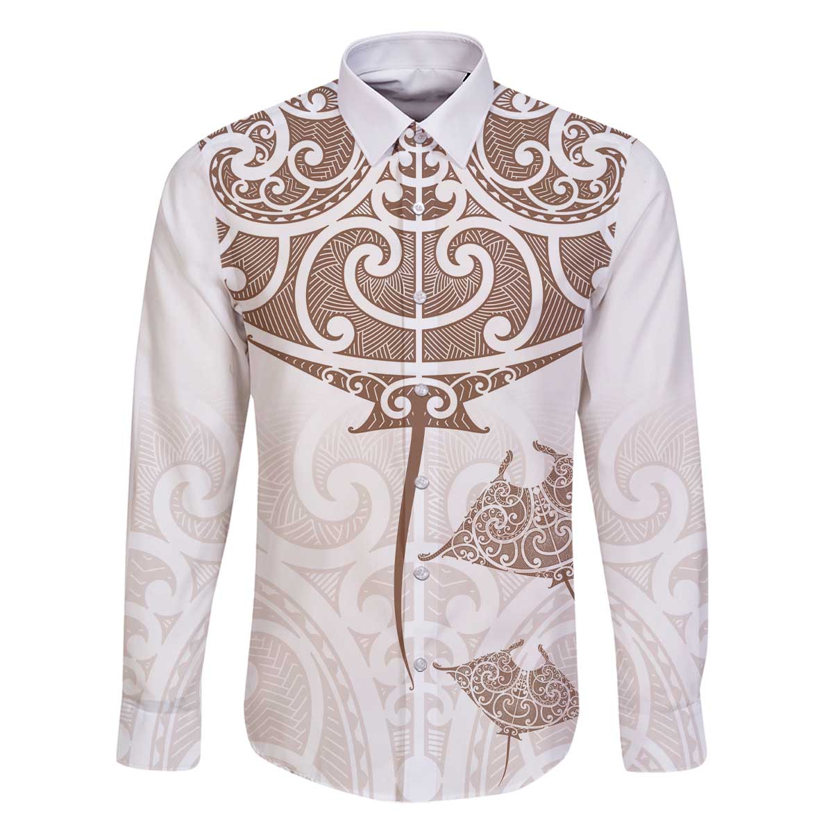 New Zealand Manta Ray Tattoo Family Matching Off The Shoulder Long Sleeve Dress and Hawaiian Shirt Aotearoa Maori Haehae Beige LT14 Dad's Shirt - Long Sleeve White - Polynesian Pride