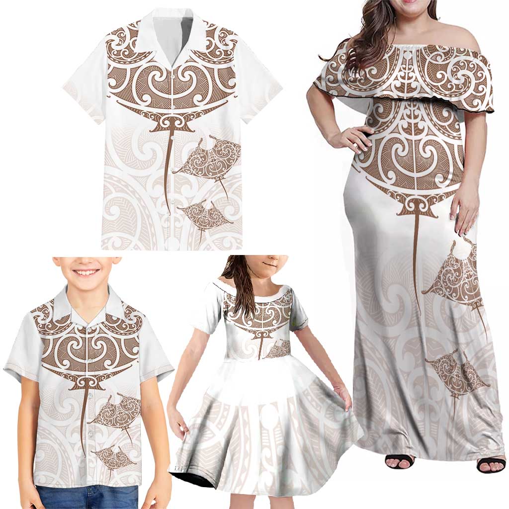 New Zealand Manta Ray Tattoo Family Matching Off Shoulder Maxi Dress and Hawaiian Shirt Aotearoa Maori Haehae Beige LT14 - Polynesian Pride