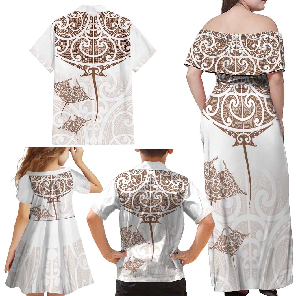 New Zealand Manta Ray Tattoo Family Matching Off Shoulder Maxi Dress and Hawaiian Shirt Aotearoa Maori Haehae Beige LT14 - Polynesian Pride