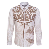 New Zealand Manta Ray Tattoo Family Matching Off Shoulder Short Dress and Hawaiian Shirt Aotearoa Maori Haehae Beige LT14 Dad's Shirt - Long Sleeve White - Polynesian Pride